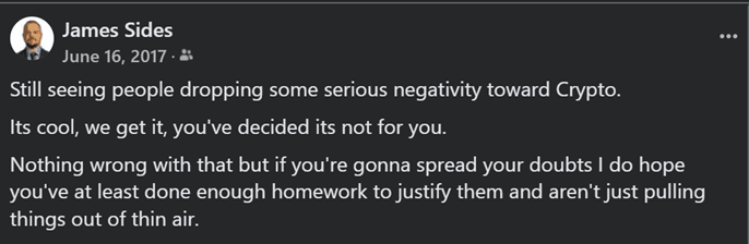 2017 early conviction against crypto negativity
